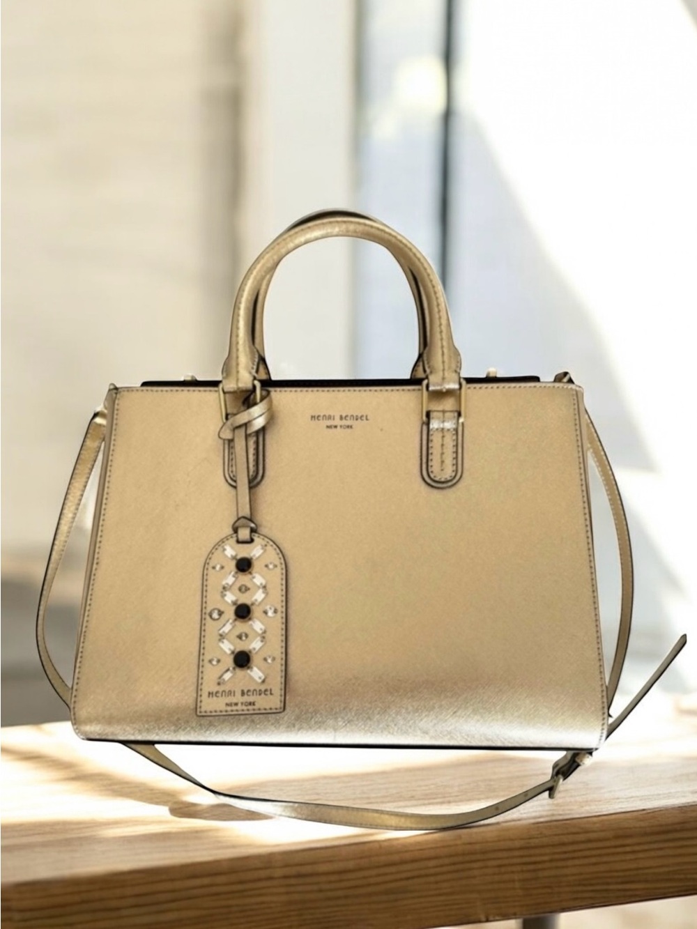 🆕 Henri Bendel Metallic Gold Satchel Shoulder Bag